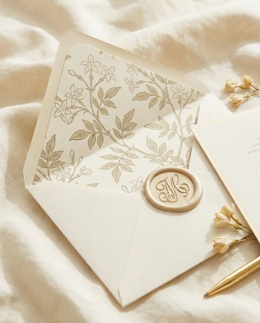 A cream Sar Serei invitation envelope with a jasmine block-print liner and gold wax seal